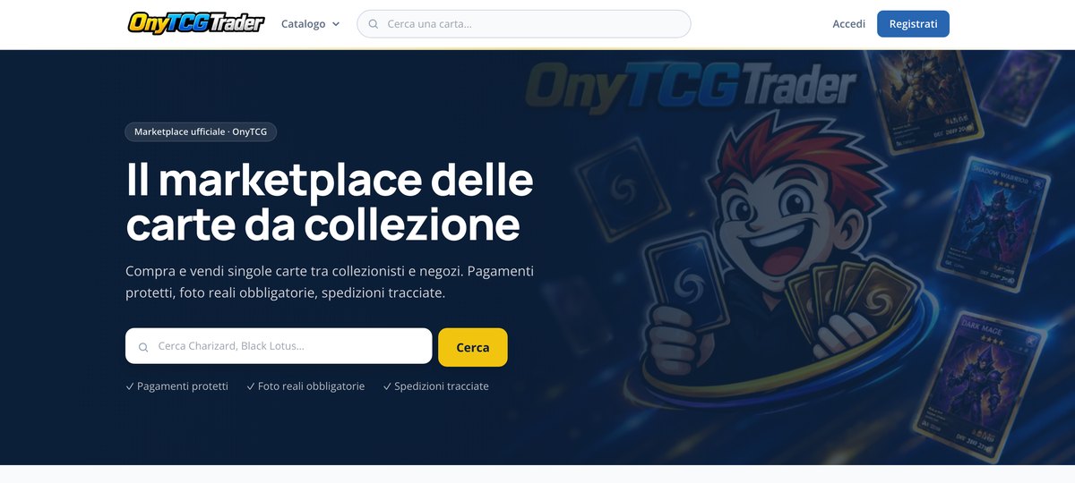OnyTCGtrader — marketplace di carte da collezione costruito con DadoCommerce